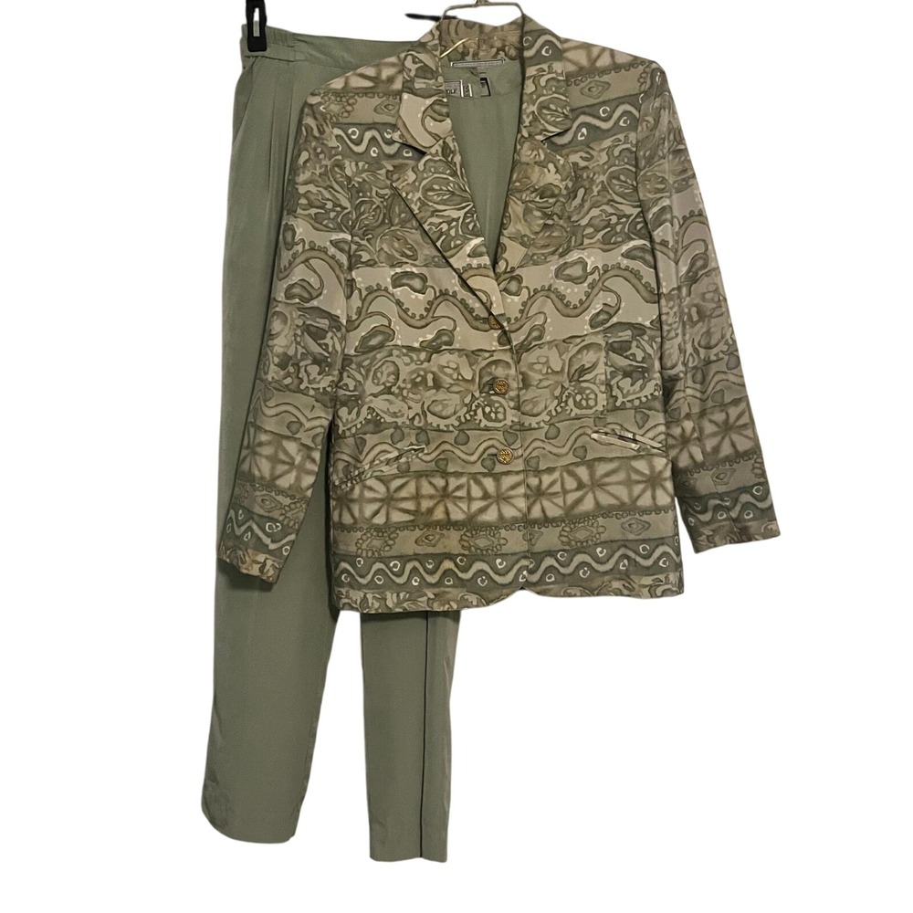Vintage Howard Wolf 3 Piece Sage‎ Green Abstract Pant Suit Set Size 8